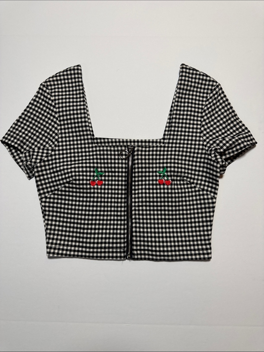 LAZY OAF Gingham Cherry Embroidered Square-Neck Crop Top Black White 10